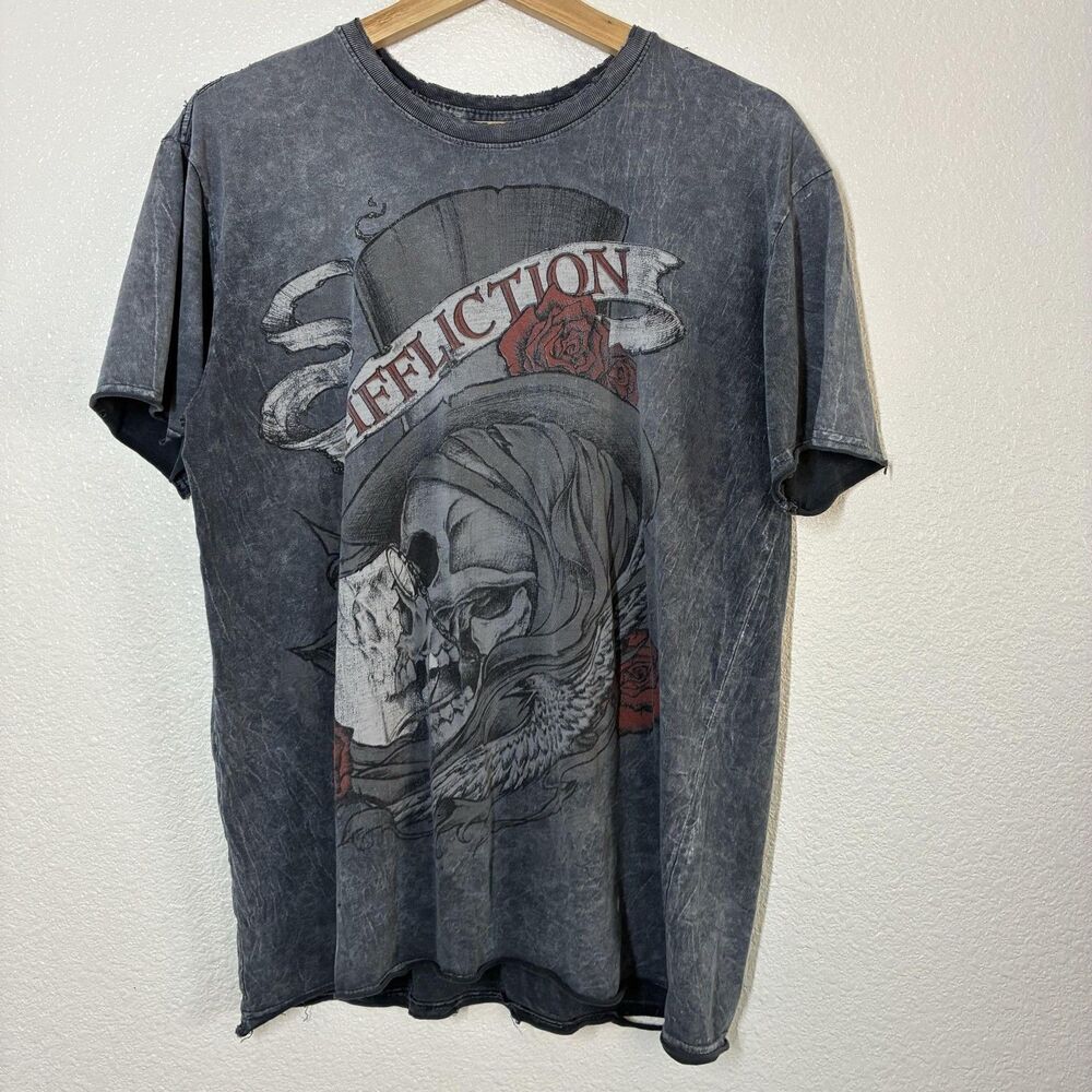 Affliction Shirt Womens Large Gray Skull Roses Top Hat Graphic Tee Gothic